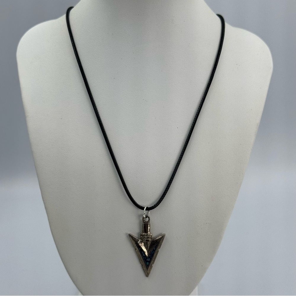 Faux Turquoise Arrowhead Necklace Silver Tone on Black Cord Adjustable Necklace